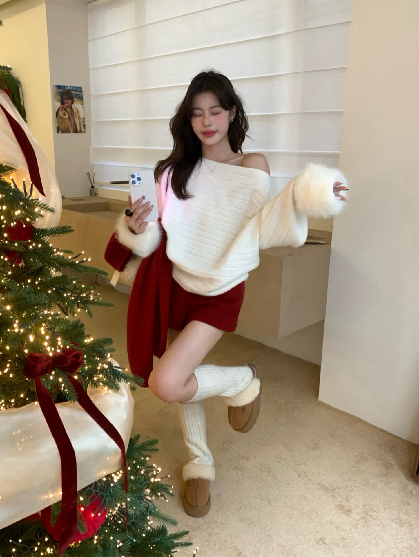 Kelly Designs  French-Inspired Off-Shoulder Knit Sweater with Fur Cuffs (Instock)