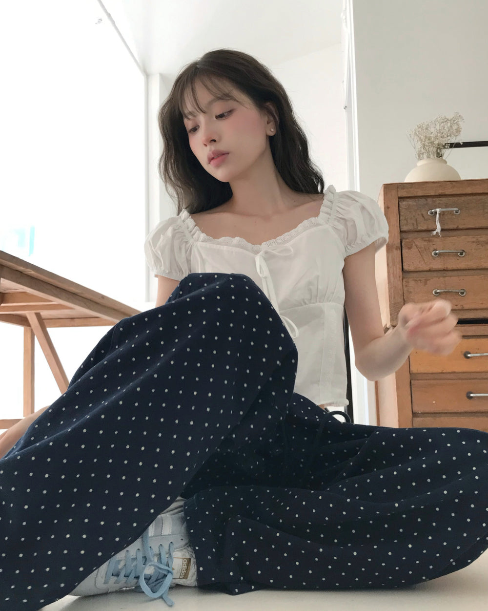 Korean ROBE:L Navy Polka Dot Wide-Leg Pants (Instock)