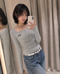 Korean Muah Muah Square Neck Henley Ribbed Long Sleeve Top (Instock)