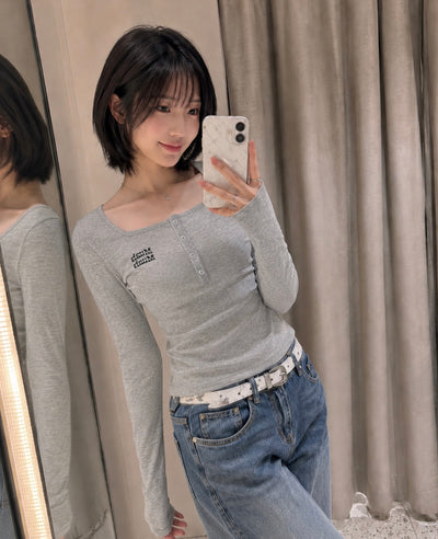 Korean Muah Muah Square Neck Henley Ribbed Long Sleeve Top (Instock)