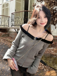 Kelly Designs  Off-Shoulder Ruffle Knit Cardigan – Soft Girl Button Grey Top (Instock)