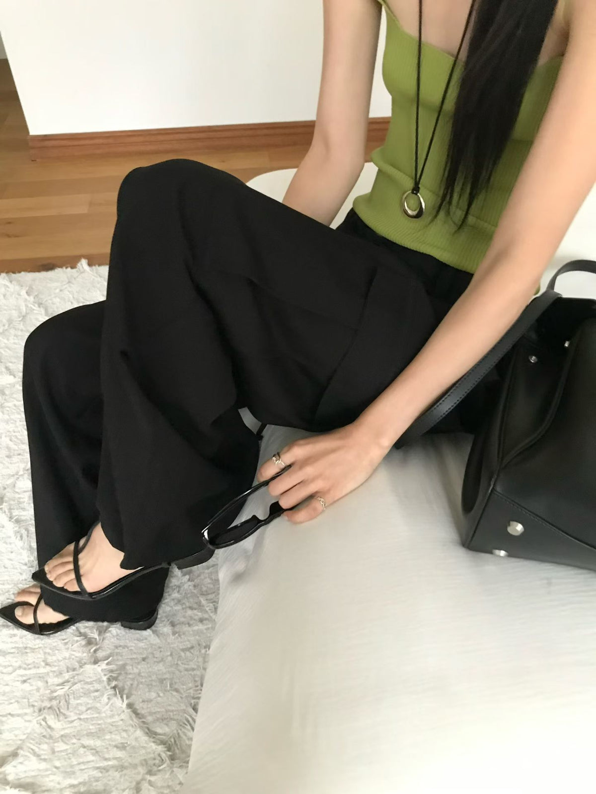 Korean Multi-Pocket Cargo Wide-Leg Black Pants (Instock)