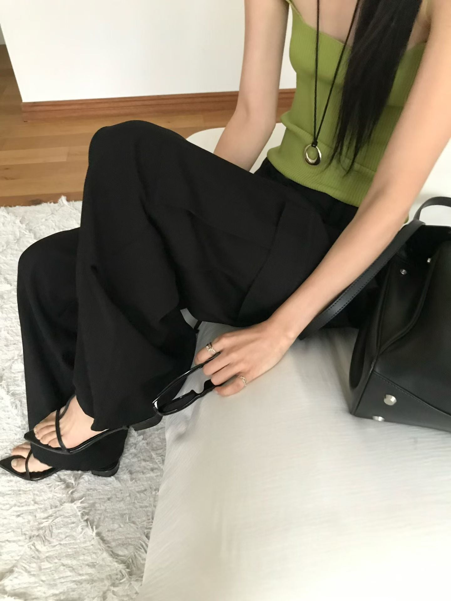 Korean Multi-Pocket Cargo Wide-Leg Black Pants (Instock)