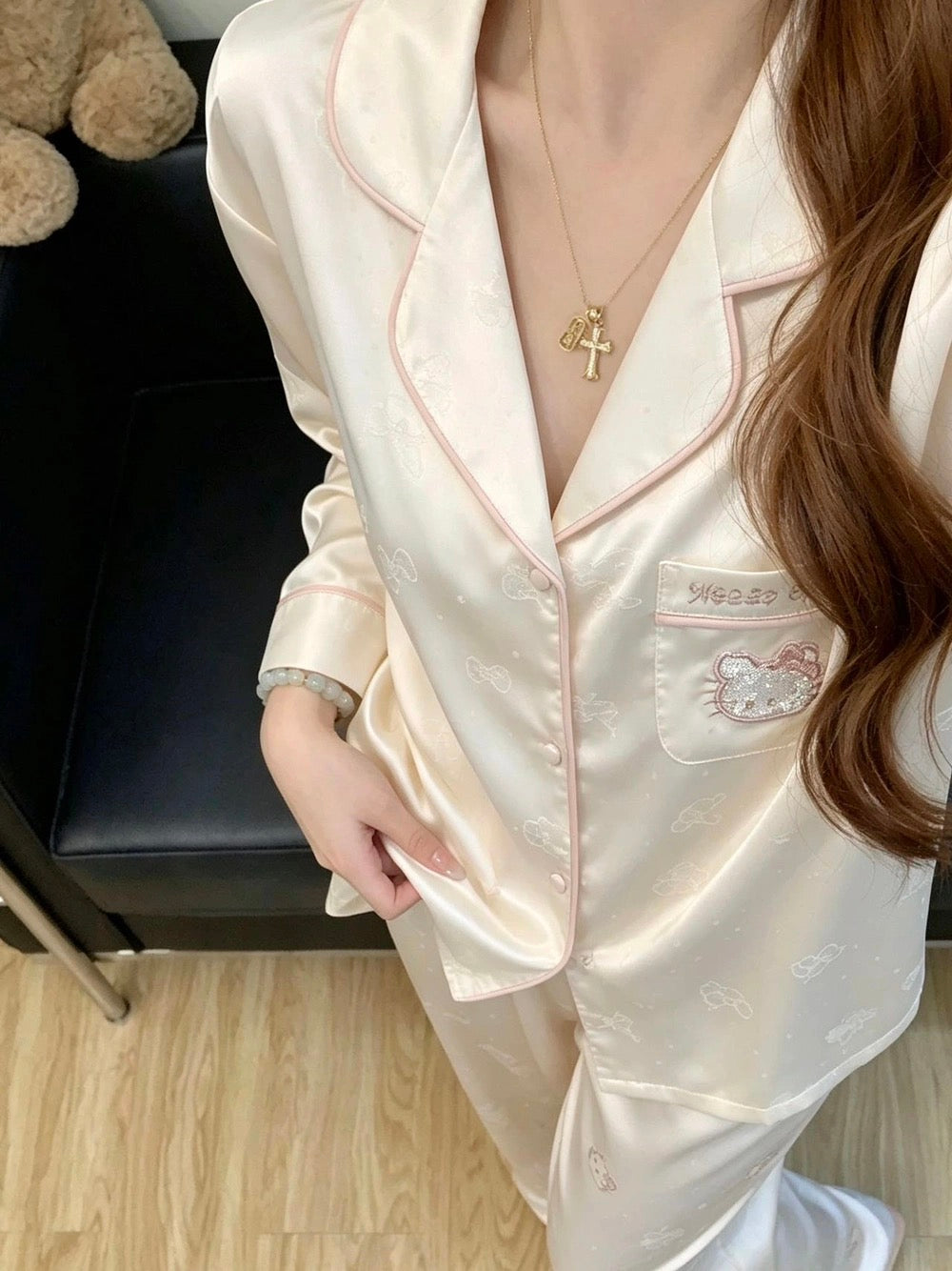 Kelly Designs Kitty Jacquard Satin Pajama Set with Pink Piping (Instock)