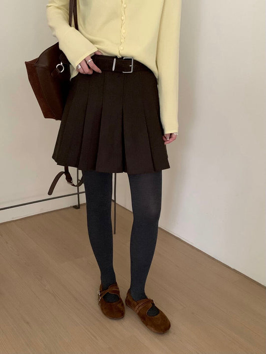 Kelly Designs Thick Pleated Mini Brown Skirt with Belt (Instock)