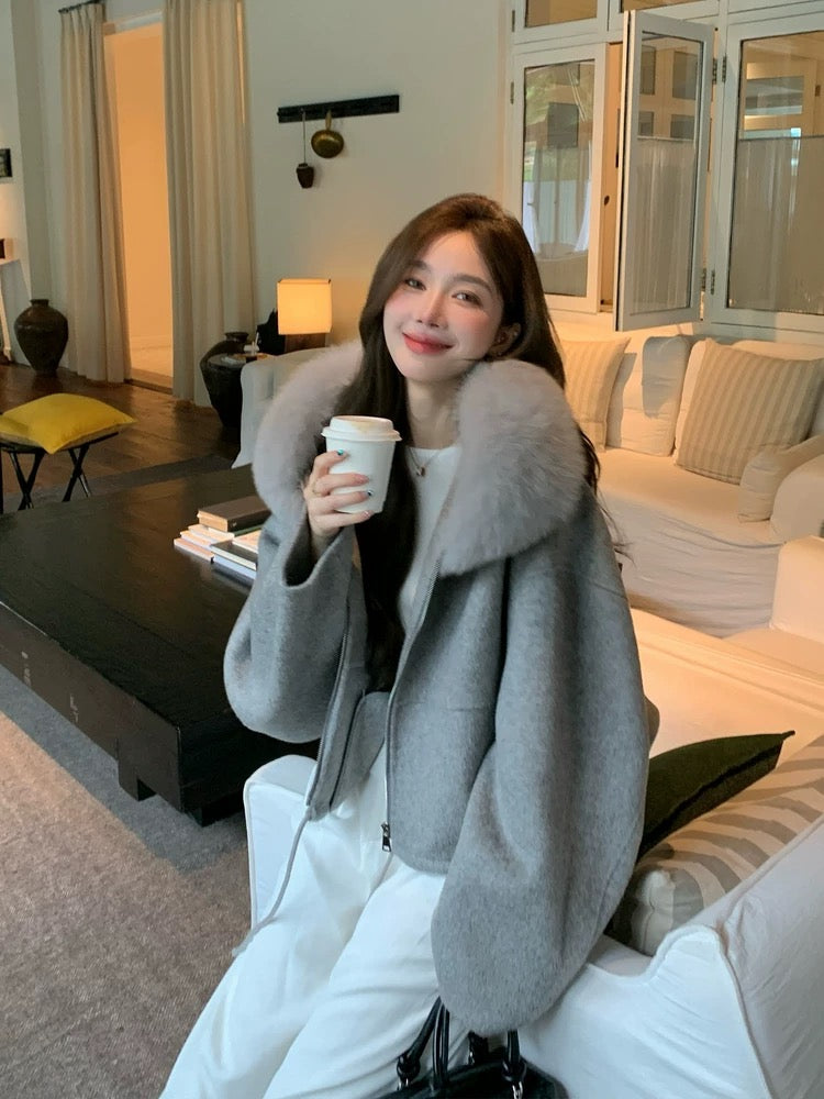 Kelly Designs Fox Fur Hoodie Zip Up Grey Wool Coat (1-2 weeks)