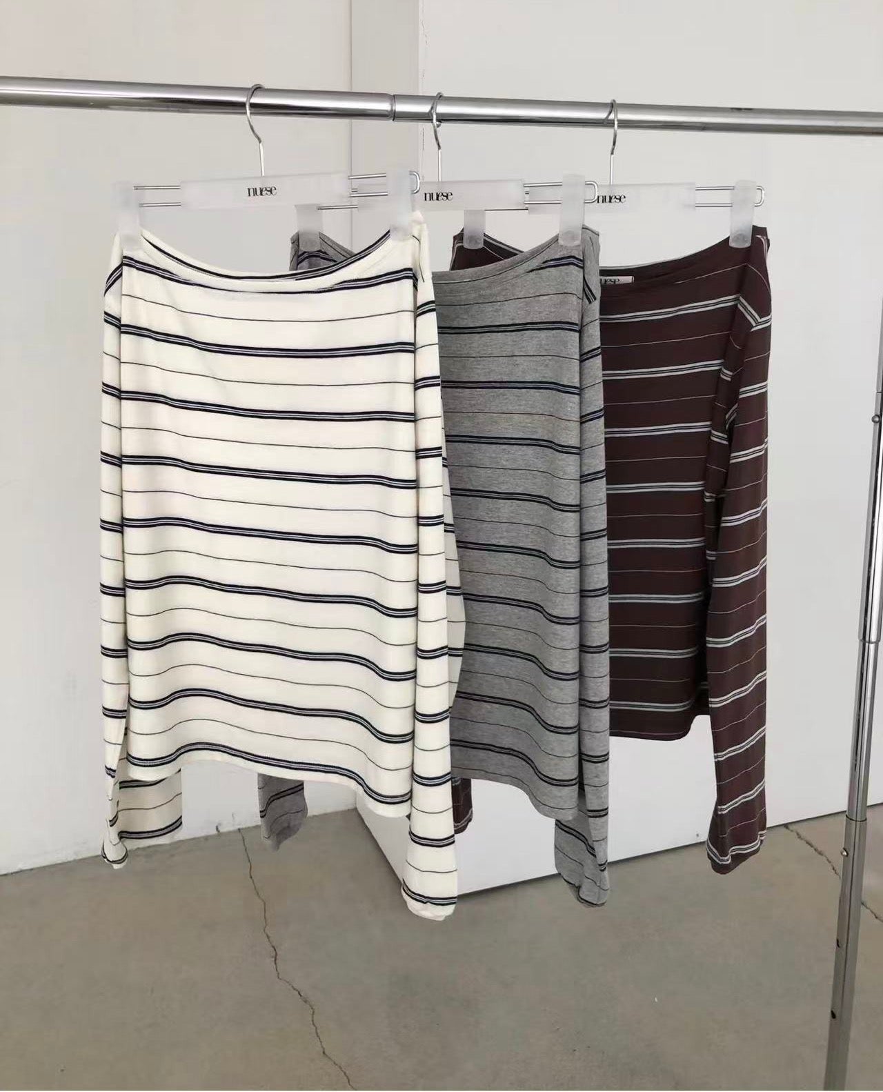 Korean Collection | Off-Shoulder Stripe Long Sleeve Top (Instock)