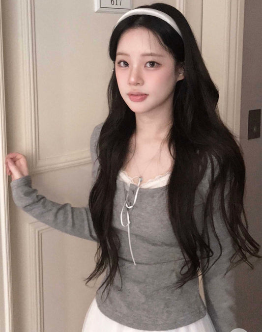 Korean Collection Ribbon Grey Top (Instock)