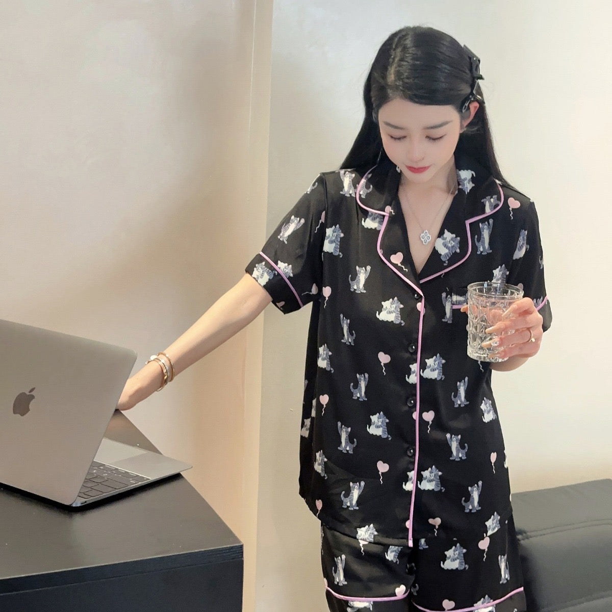 Kelly Designs Sweet Cats Print Ice Silk Pajamas – Short Sleeve & Shorts Set (Instock)