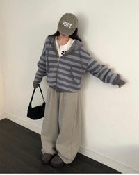 Korean Collection Lucy Oversized Striped Knit Zip-Up Hoodie (Instock)
