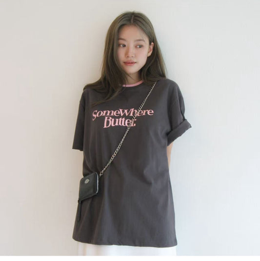 Korean Brand Wave Logo Overfit Top Charcoal (Instock)