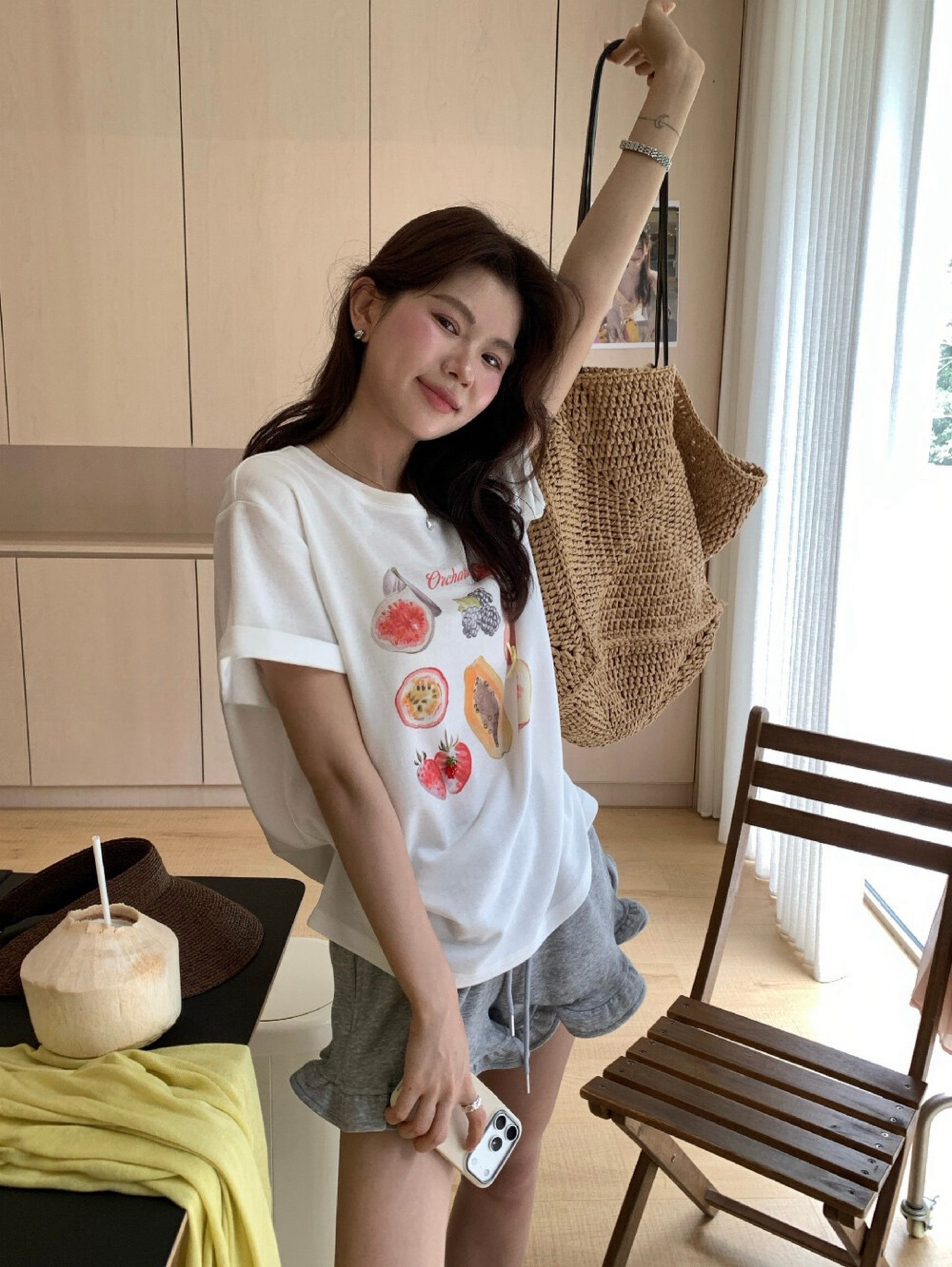 Kelly Designs Fruit Cartoons Oversize White TShirt (Instock)