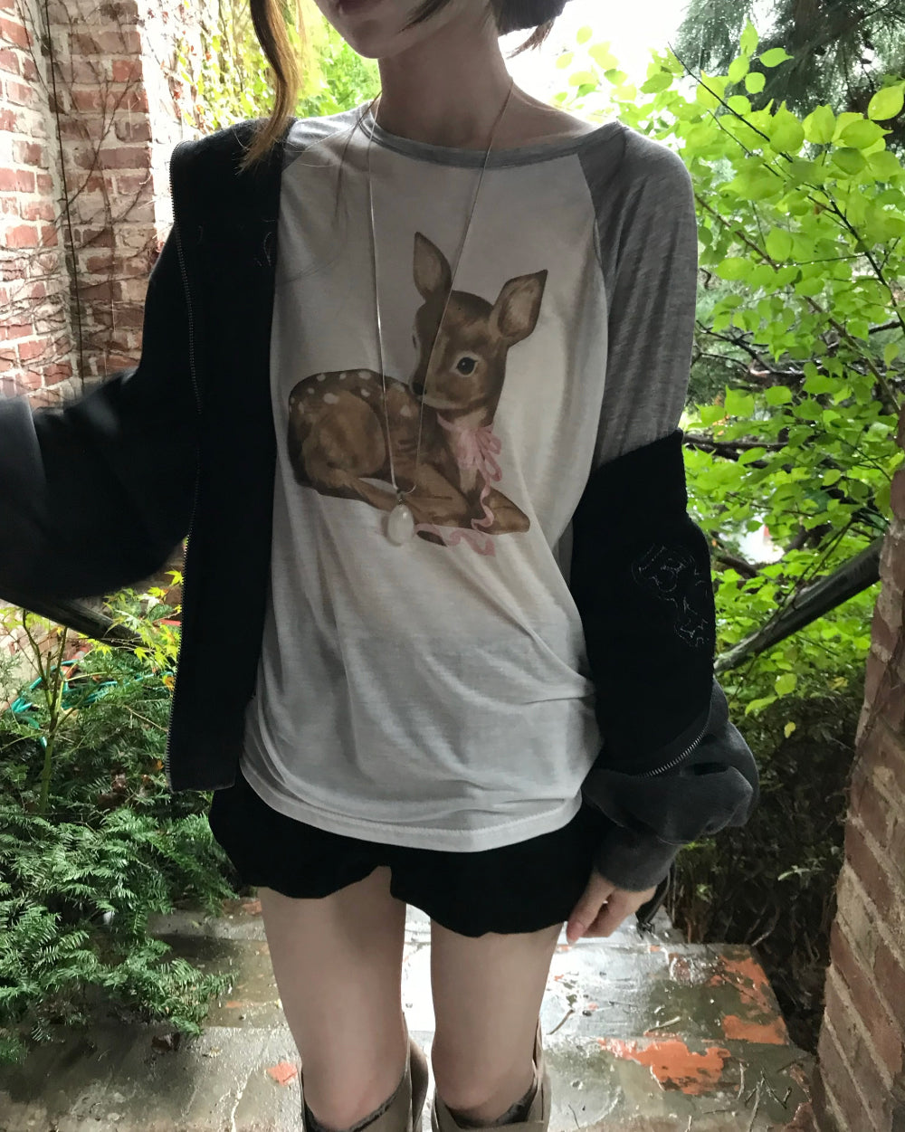 Korean Baby Bambi Raglan Long Sleeve Tee - Pink/Gray (Instock)