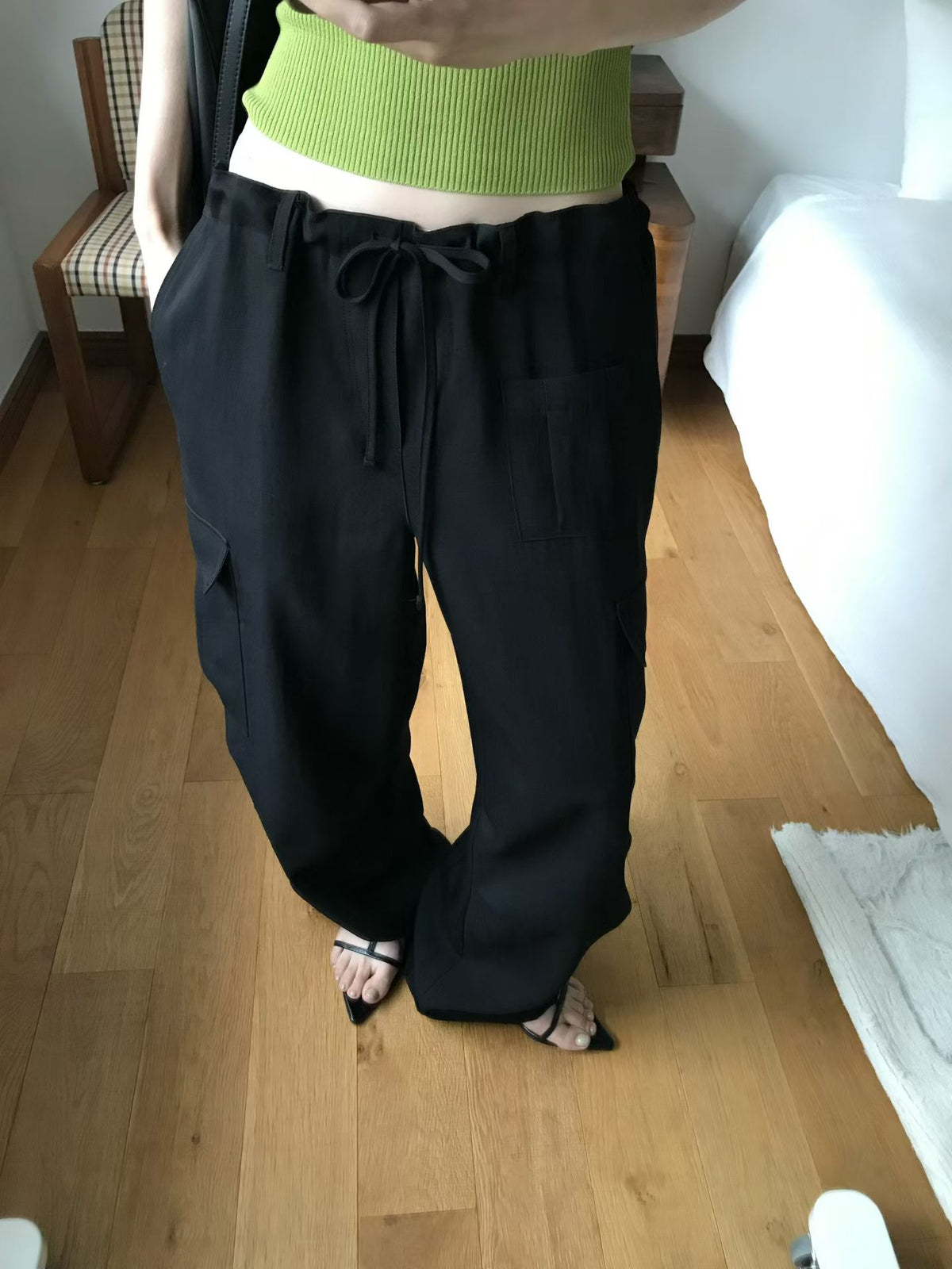 Korean Multi-Pocket Cargo Wide-Leg Black Pants (Instock)