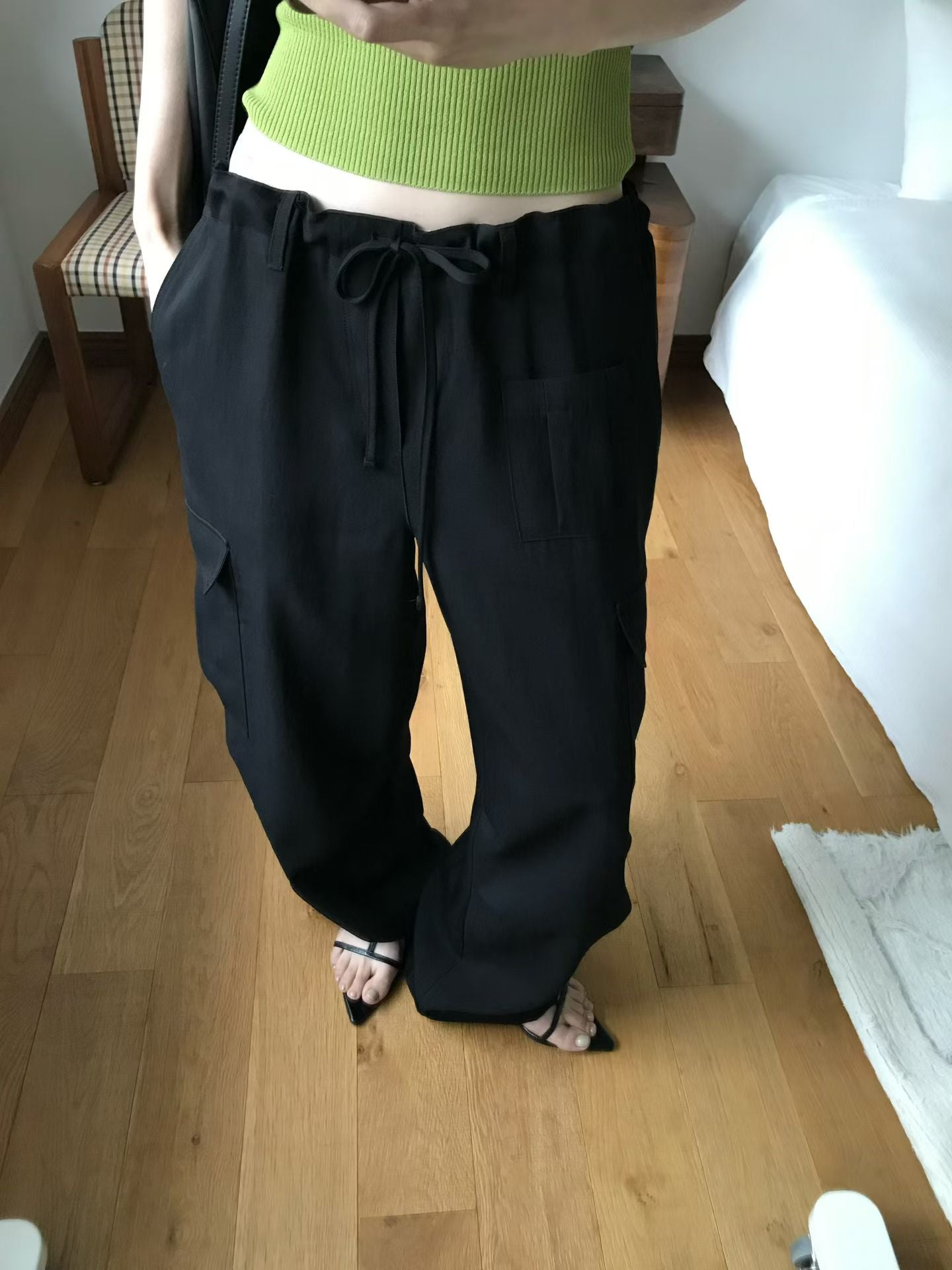 Korean Multi-Pocket Cargo Wide-Leg Black Pants (Instock)