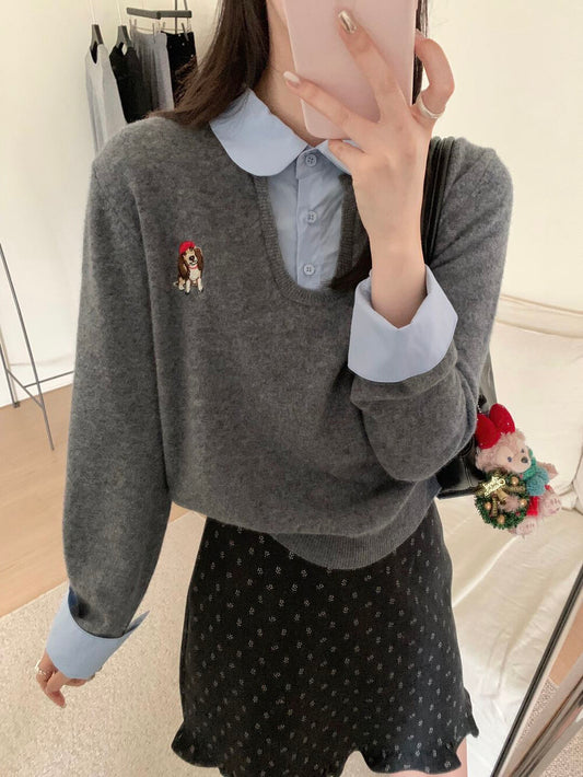 Kelly Designs Puppy Embroidery Wool Layered Fake 2pcs Sweater (Instock)