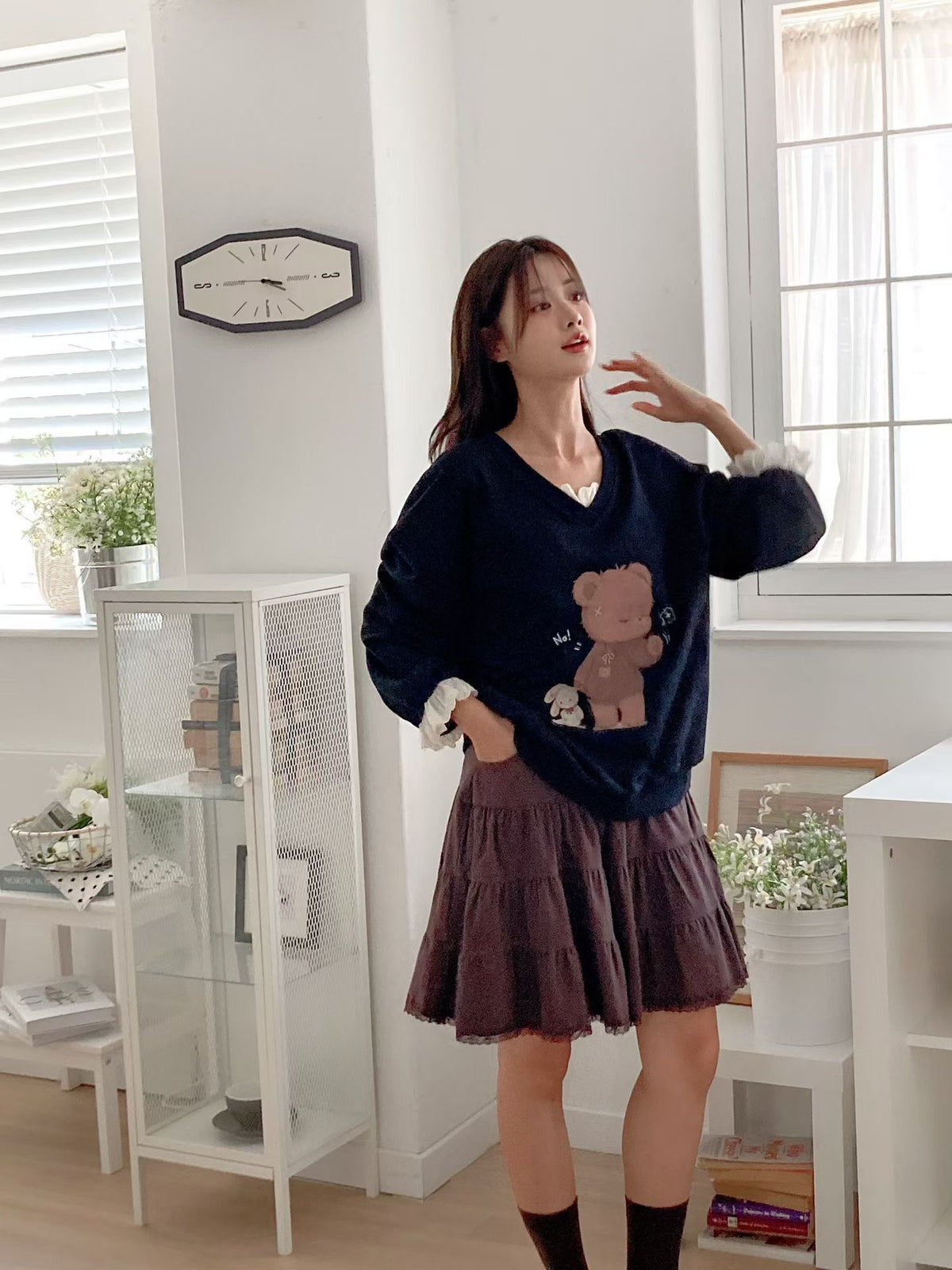 Korean Collection Teddy Bear Lace-Trim Sweatshirt (Instock)