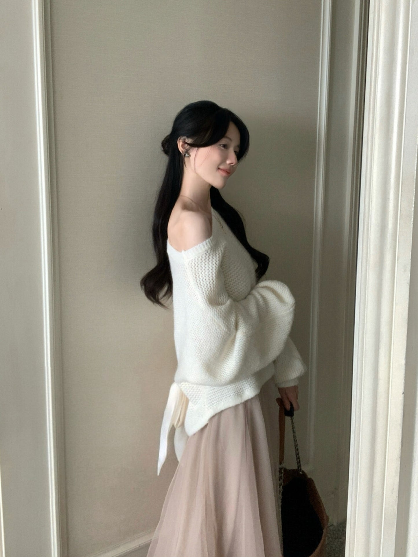 Kelly Designs Off-Shoulder Knit Sweater with Back Ribbon Tie & Khaki Skirt (Instock)