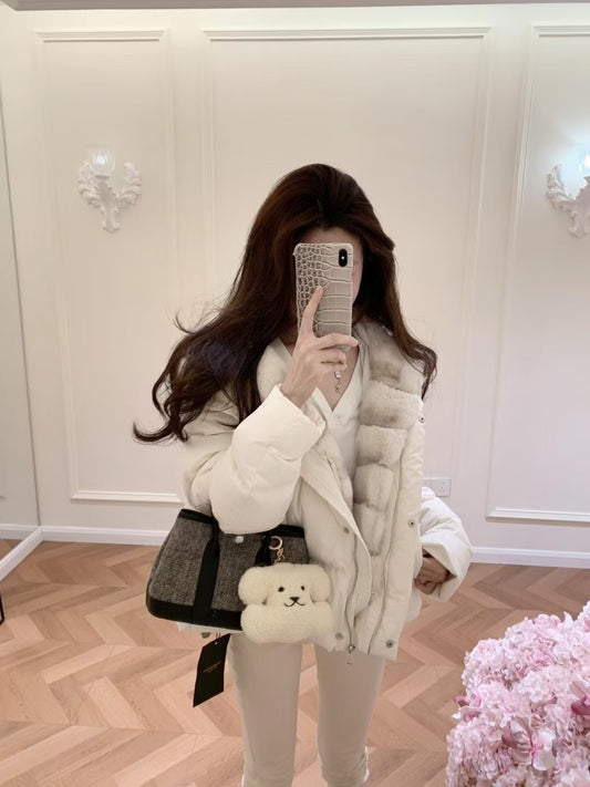 Kelly Designs Goose Down Jacket with Imported Rex Rabbit Fur Hood – Elegant & Ultra Warm-Black/White (Instock)