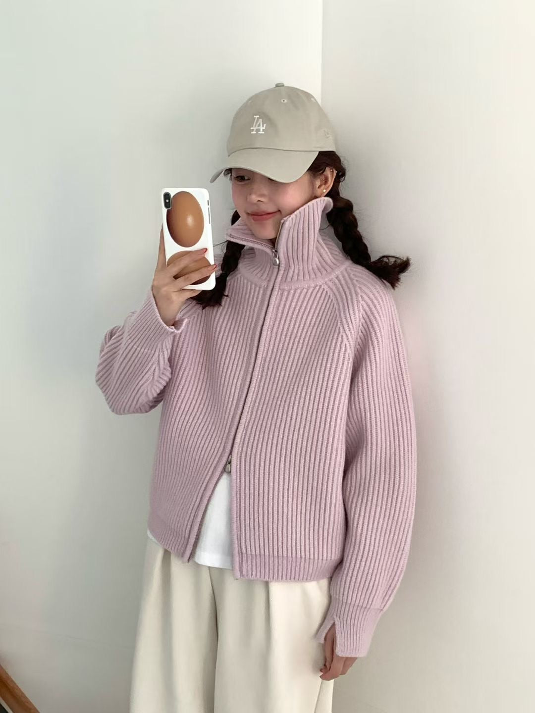 Korean APM Collection EGG PREMIUM CASHMERE SUPER FINE MERINO WOOL Zip Up Purple Cardigan (2-3 weeks)