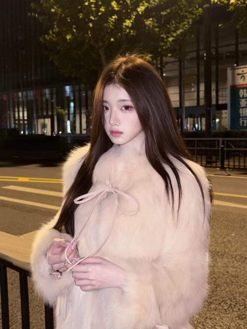 Kelly Designs Pink Fox Fur Coat with Bow Detail (Instock)