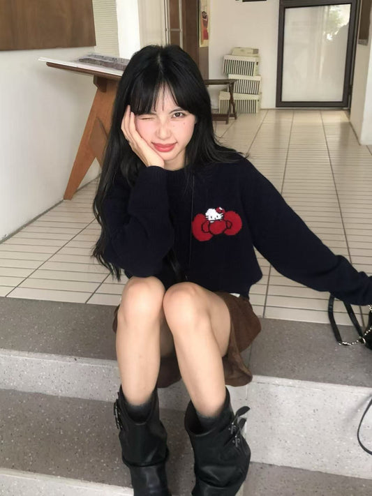 Kelly Designs Cashmere Raccoon Hello Kitty Knit Navy Sweater (Instock)