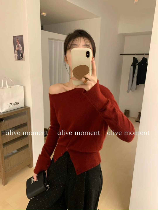 Kelly Designs Off-Shoulder Red Wool Sweater (Instock)