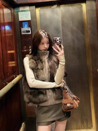 Kelly Designs Genuine Fox Fur Panel Zip-Up Knit Cardigan – Brown (Instock)