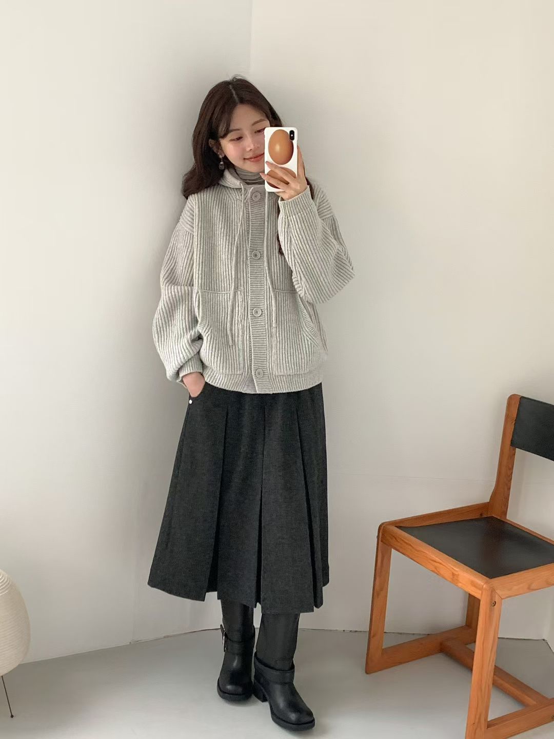 Korean APM Collection EGG Button Up Light Grey Hoodie Wool Cardigan (Instock)