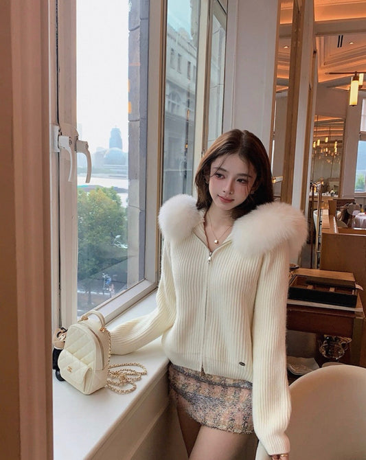 Kelly Designs Fox Fur Zip Up White Hoodie (Instock)