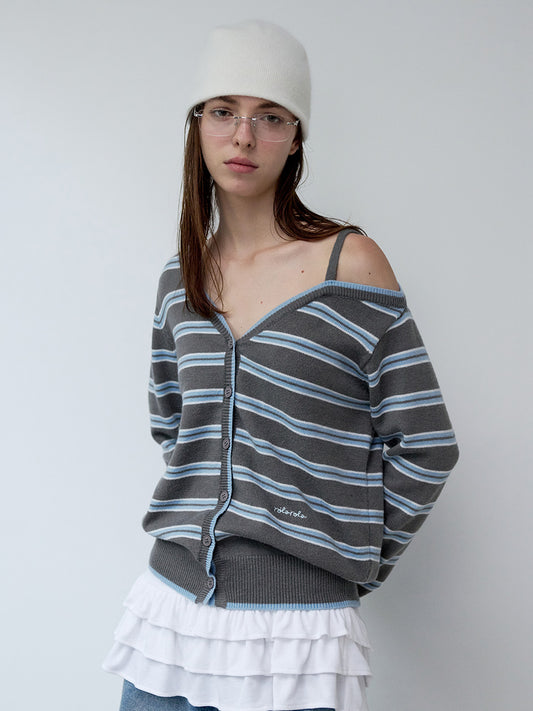 Korean Collection Rolaroal ONE OFF SHOULDER STRIPE WOOL BLENDED Cardigan Gray (2 weeks)