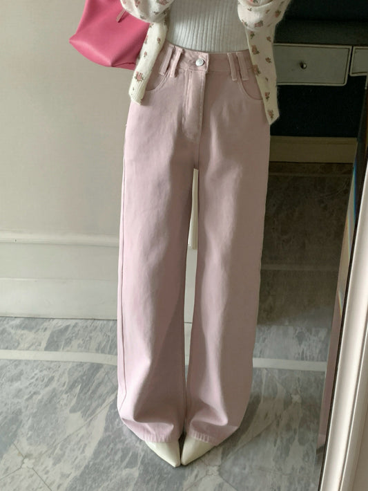 Kelly Designs Soft Pink Straight-Leg Jeans – Vintage Casual Fit(Instock)
