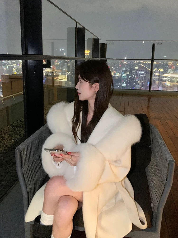 Kelly Designs Fox Fur Wool Coat - White/Black (Instock)