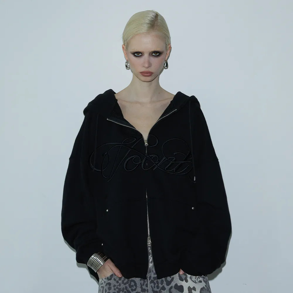 Korean VOONT Lettering Embroidery Zip-Up Black Hoodie (Instock)