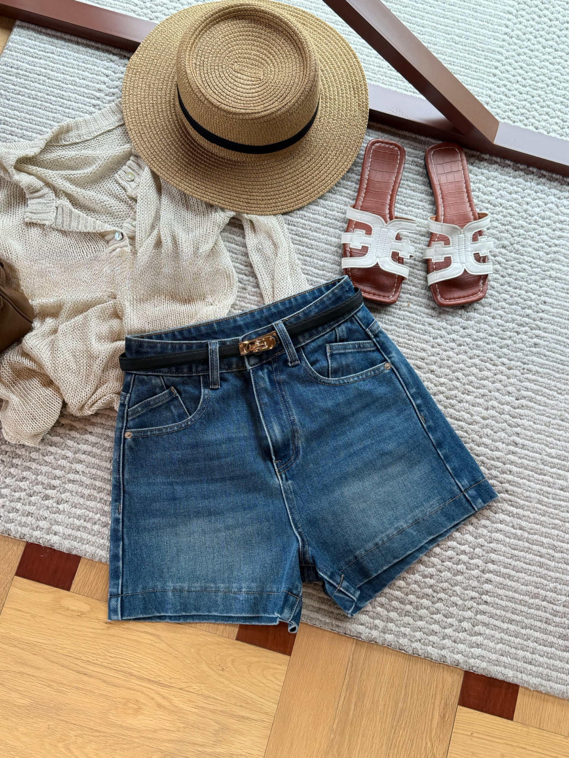 Kelly Designs Soft Denim Shorts With Belt -Navy (Instock)