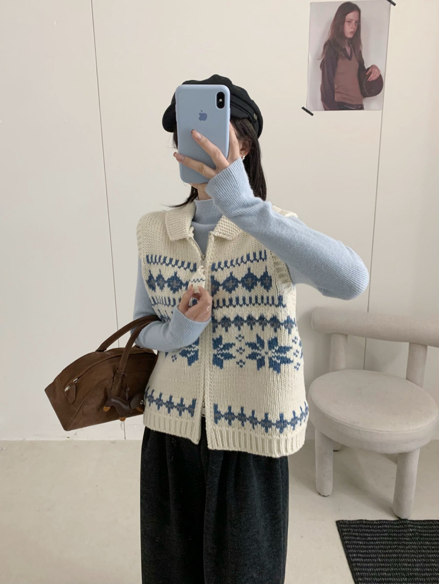 Kelly Designs Fair Isle Double-Zip Knit Vest – Cozy & Versatile-Beige (Instock)