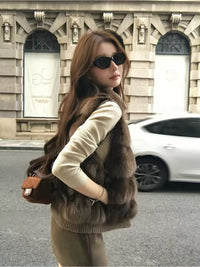 Kelly Designs Genuine Fox Fur Panel Zip-Up Knit Cardigan – Brown (Instock)