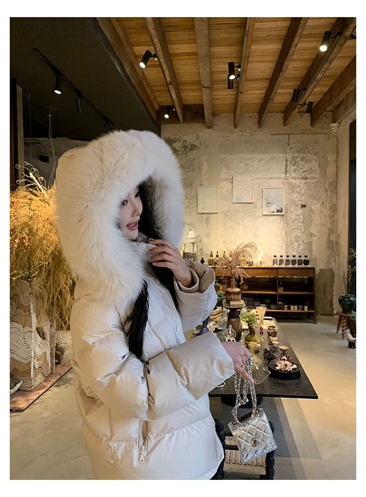 Kelly Designs Fox Fur Trim 90% White Goose Down Jacket with Mittens (Instock)