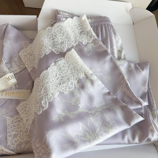 Kelly Designs Dreamy Purple Satin Pajama Set – Ice Silk & Lace Loungewear (Instock)