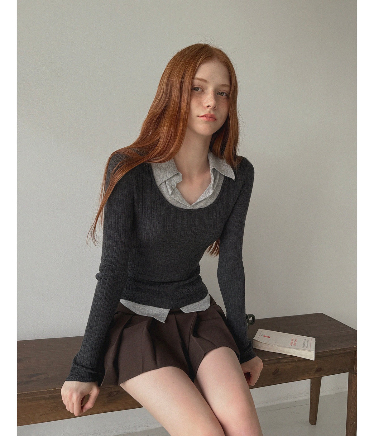 Korean Velvet Contrast Collar Layered Knit Grey Top (Instock)
