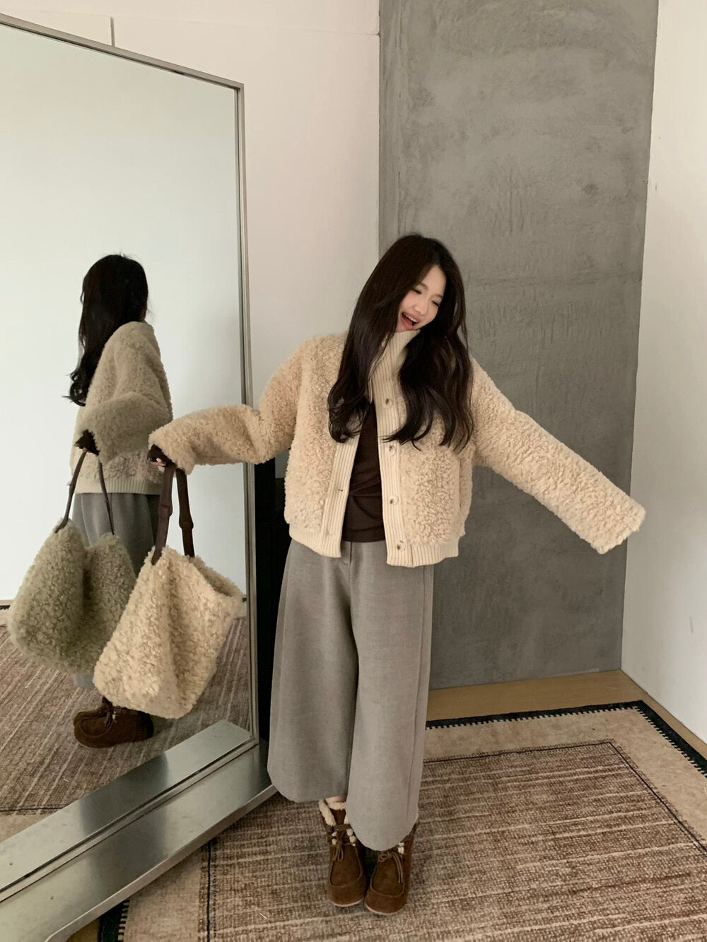 Kelly Designs Soft Teddy Knit-Trim Jacket – Cozy Stand Collar Short Coat (Instock)