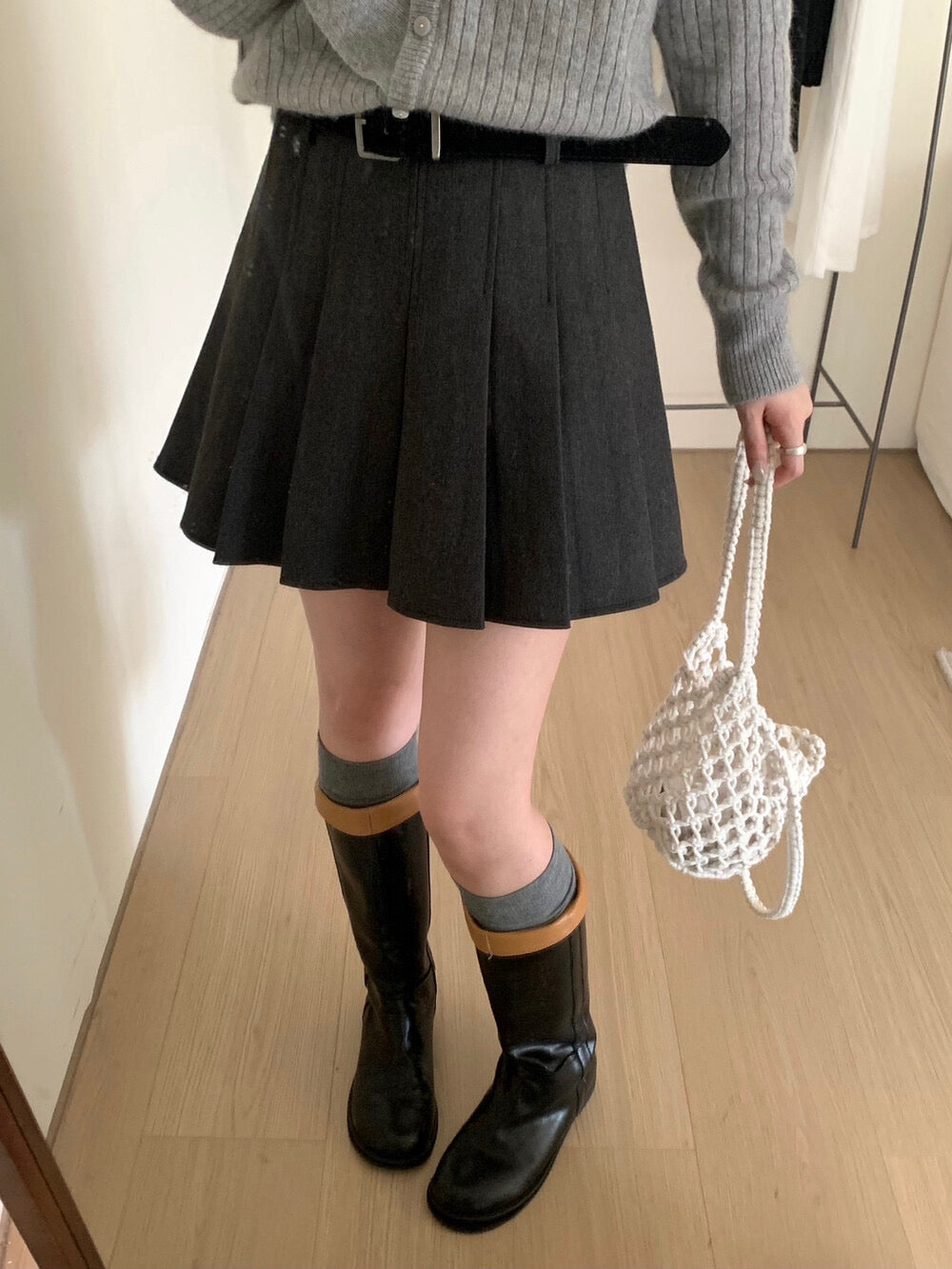 Kelly Designs Thick Pleated Mini Grey Skirt with Belt (Instock)