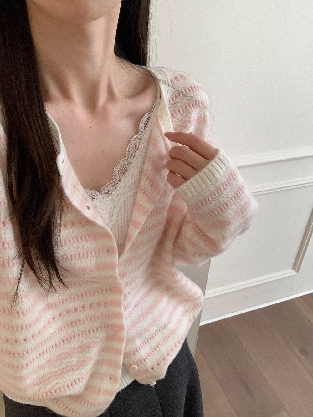 Kelly Designs Pink & Cream Striped Pointelle Cardigan – 100% Wool (Instock)