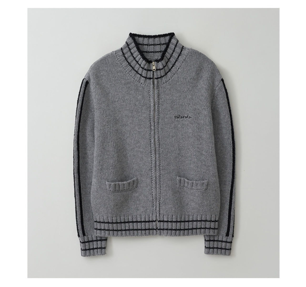 Korean Collection Rolaroal Embroidery Wool Blended Knit Zip-Up Gray (Instock)