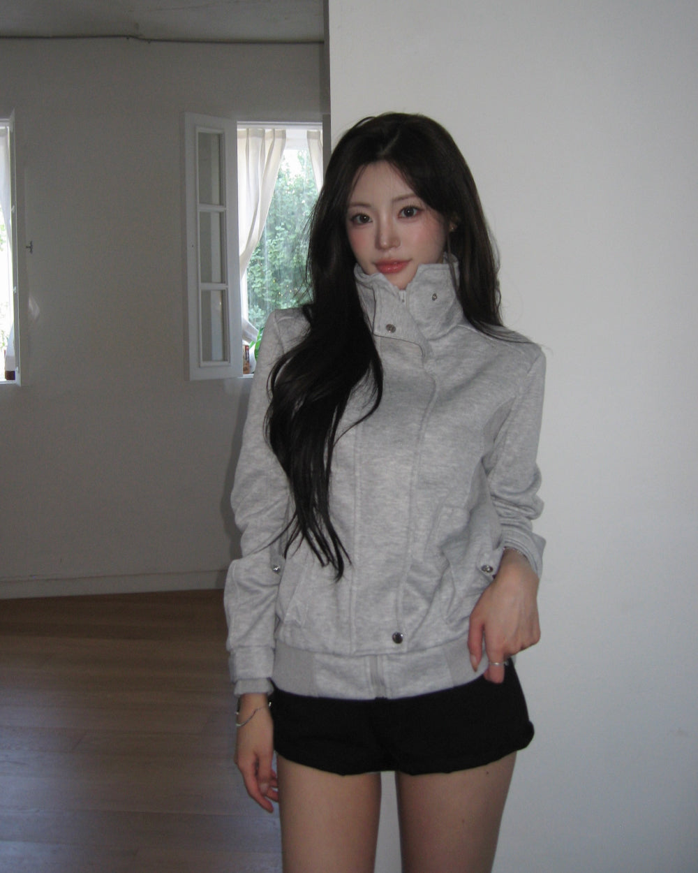Korean Collection Grey High-Neck Cargo Zip-Up Jacket (Instock)