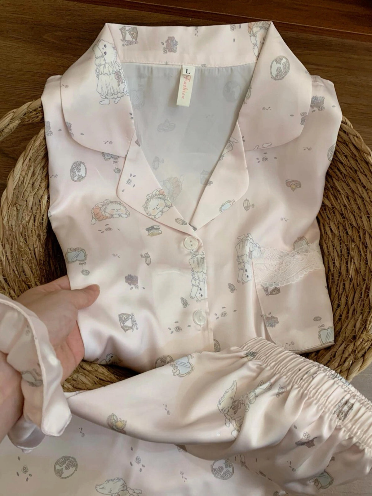 Kelly Designs Vintage Kitten Satin Pajama Set with Lace Trim & Scrunchie (Instock)