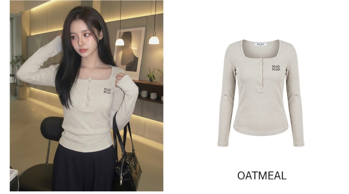 Korean Muah Muah Square Neck Henley Ribbed Long Sleeve Top (Instock)