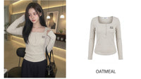 Korean Muah Muah Square Neck Henley Ribbed Long Sleeve Top (Instock)