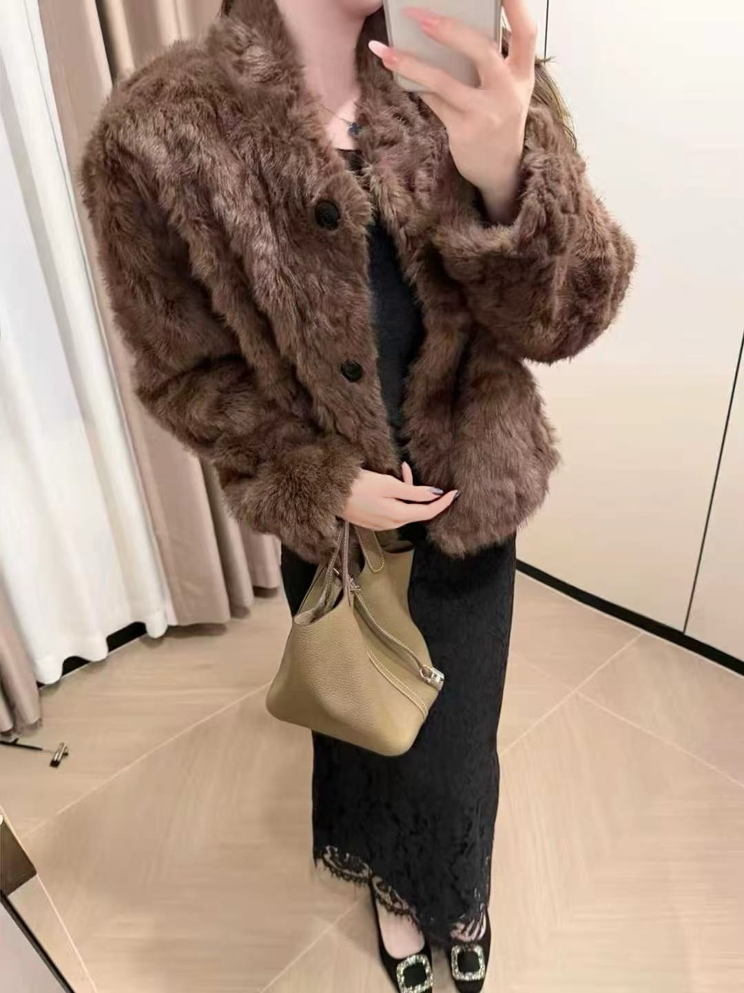 Kelly Designs Natural Curly Faux Lamb Fur Coat – Eco-Friendly Plush Winter Brown Jacket (Instock)