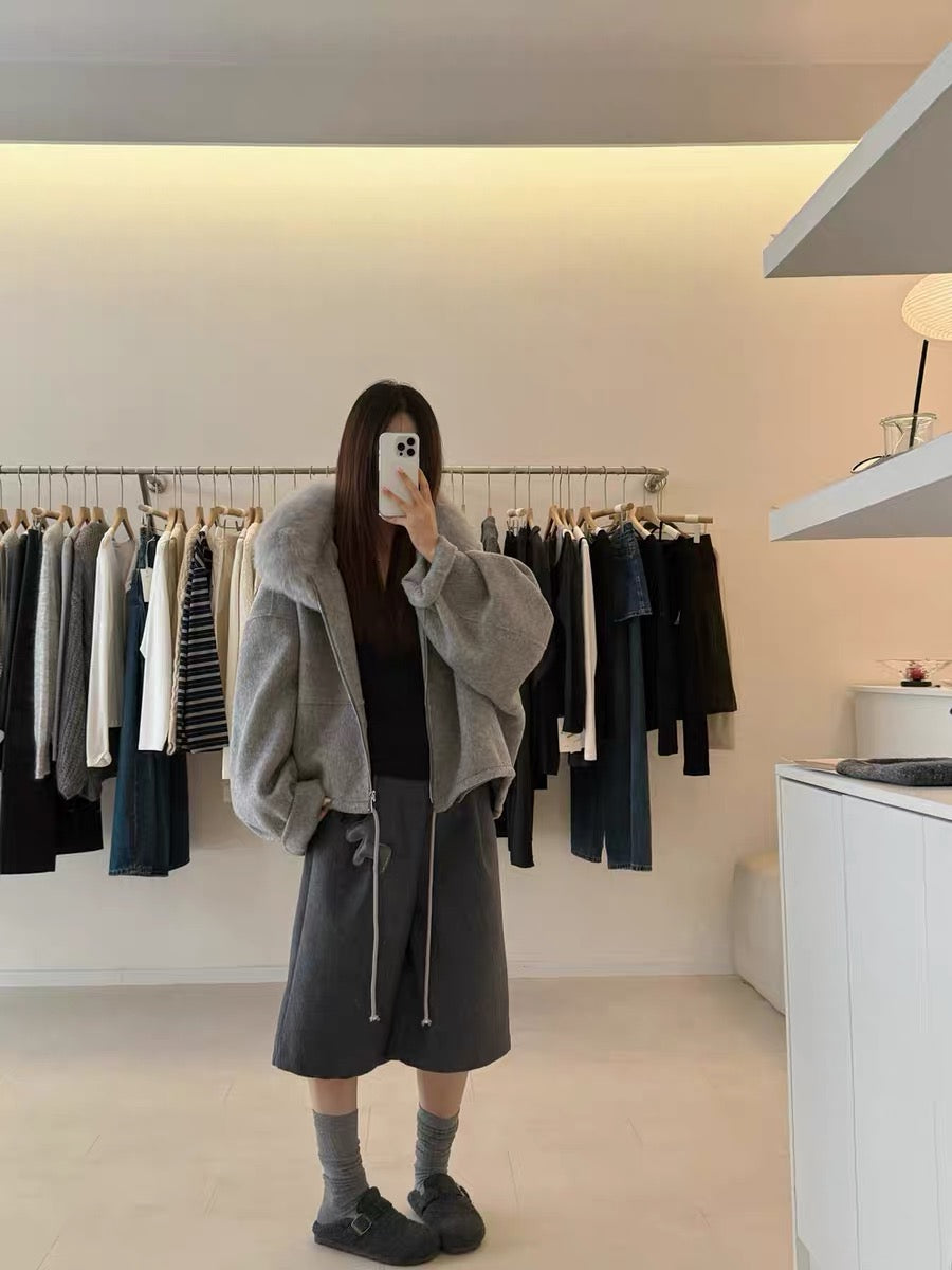 Kelly Designs Fox Fur Hoodie Zip Up Grey Wool Coat (Instock）